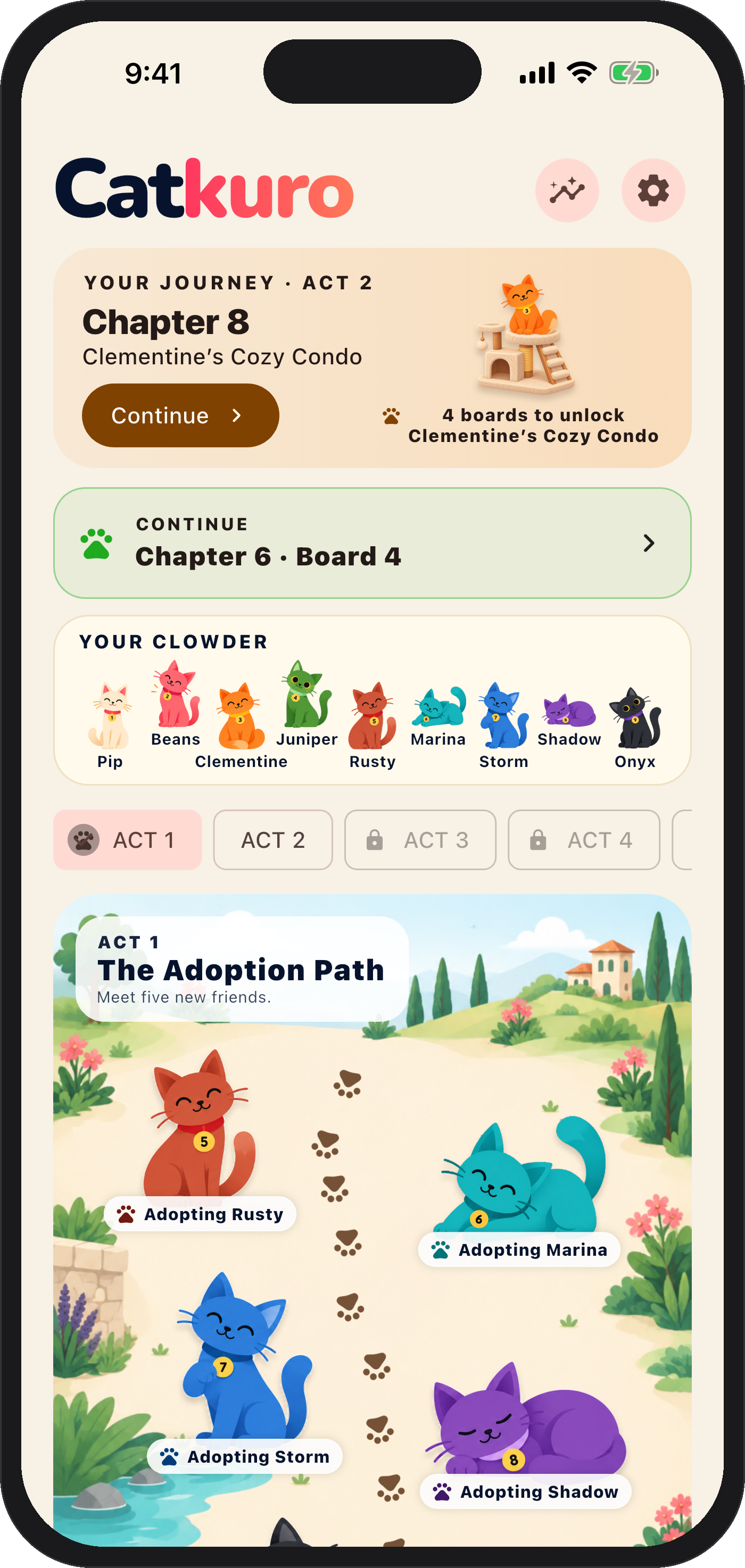 The Catkuro home screen, showing the adoption path and the cats already home