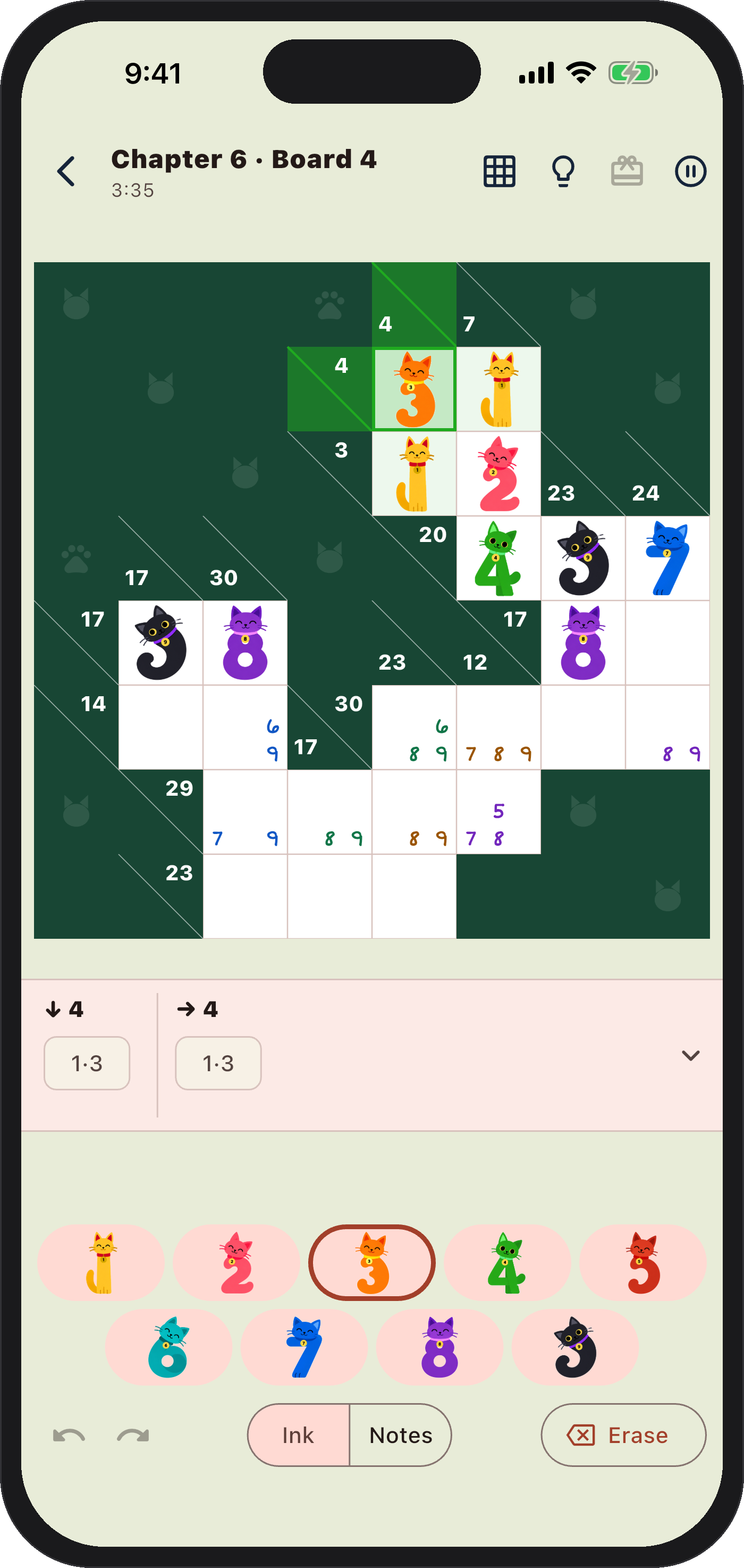 A Catkuro board mid-solve, with cat digits inked and colored pencilmarks
