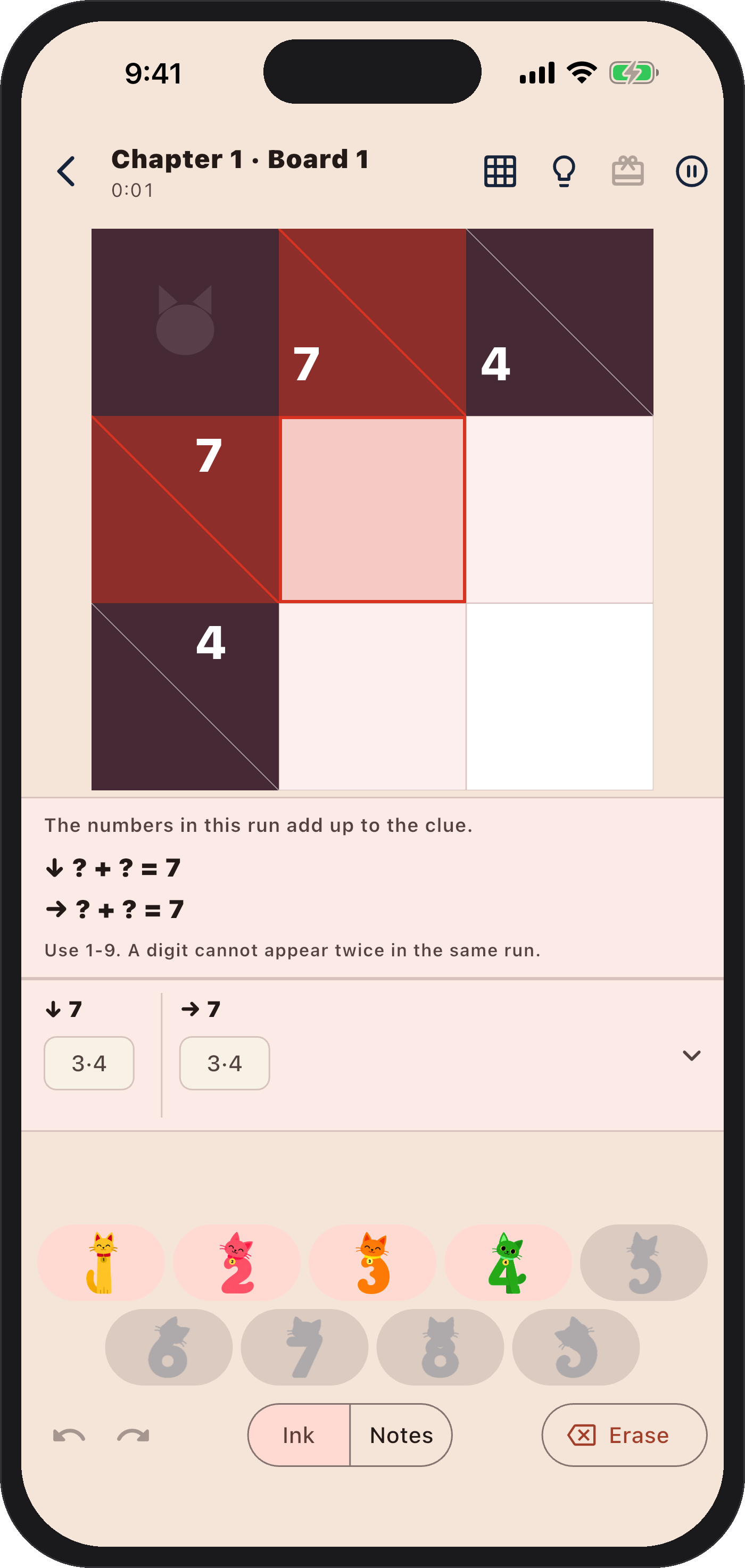 A small early Catkuro board using only the first four cat digits