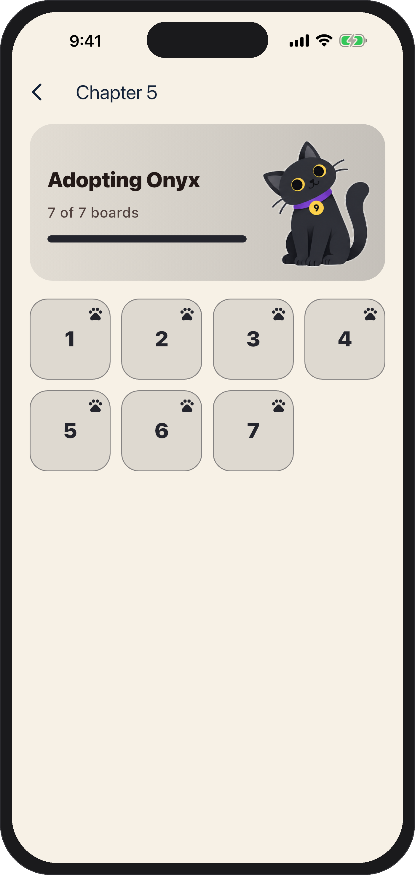 A chapter board list with its featured cat and progress bar