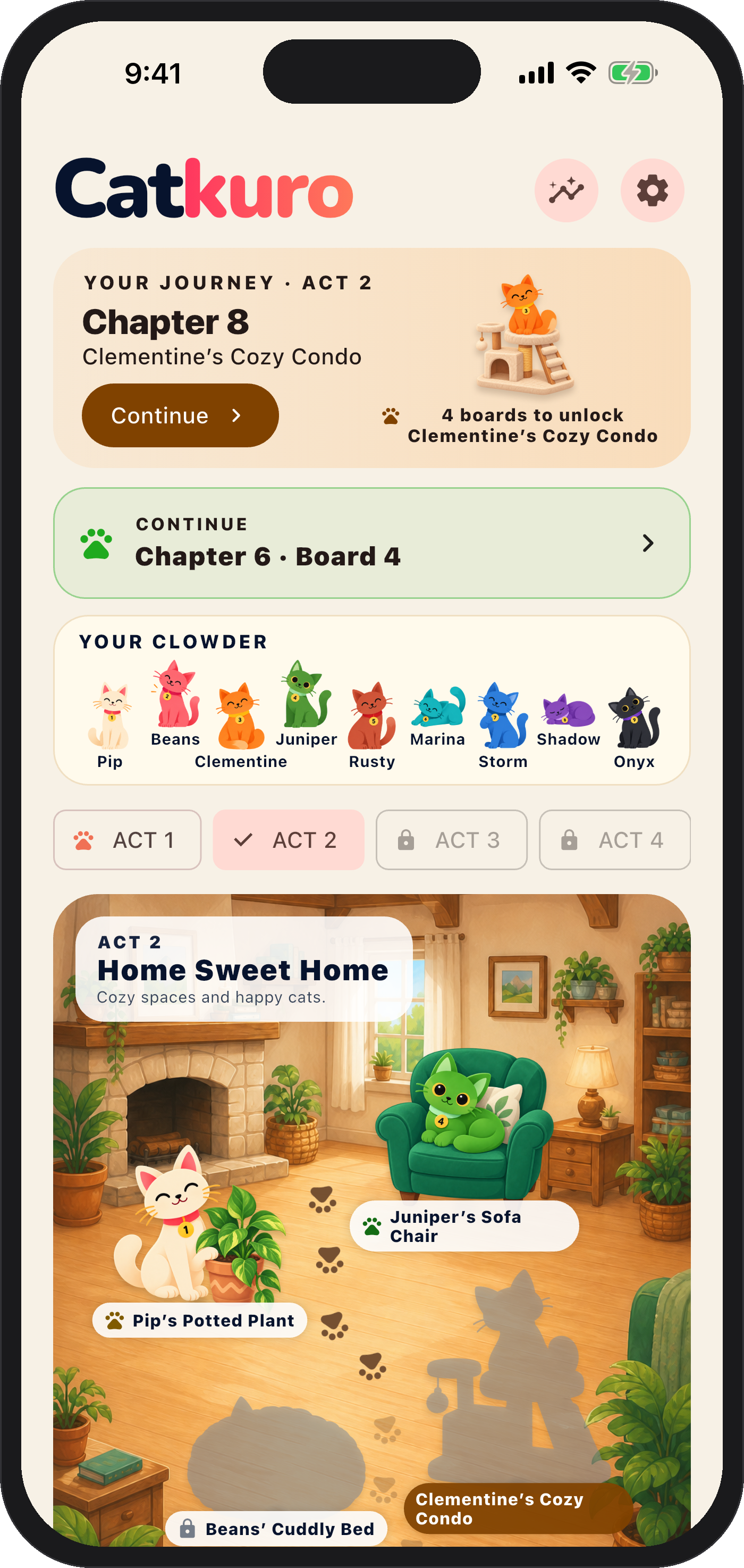 An Act Two scene part furnished, with earned rewards in color
