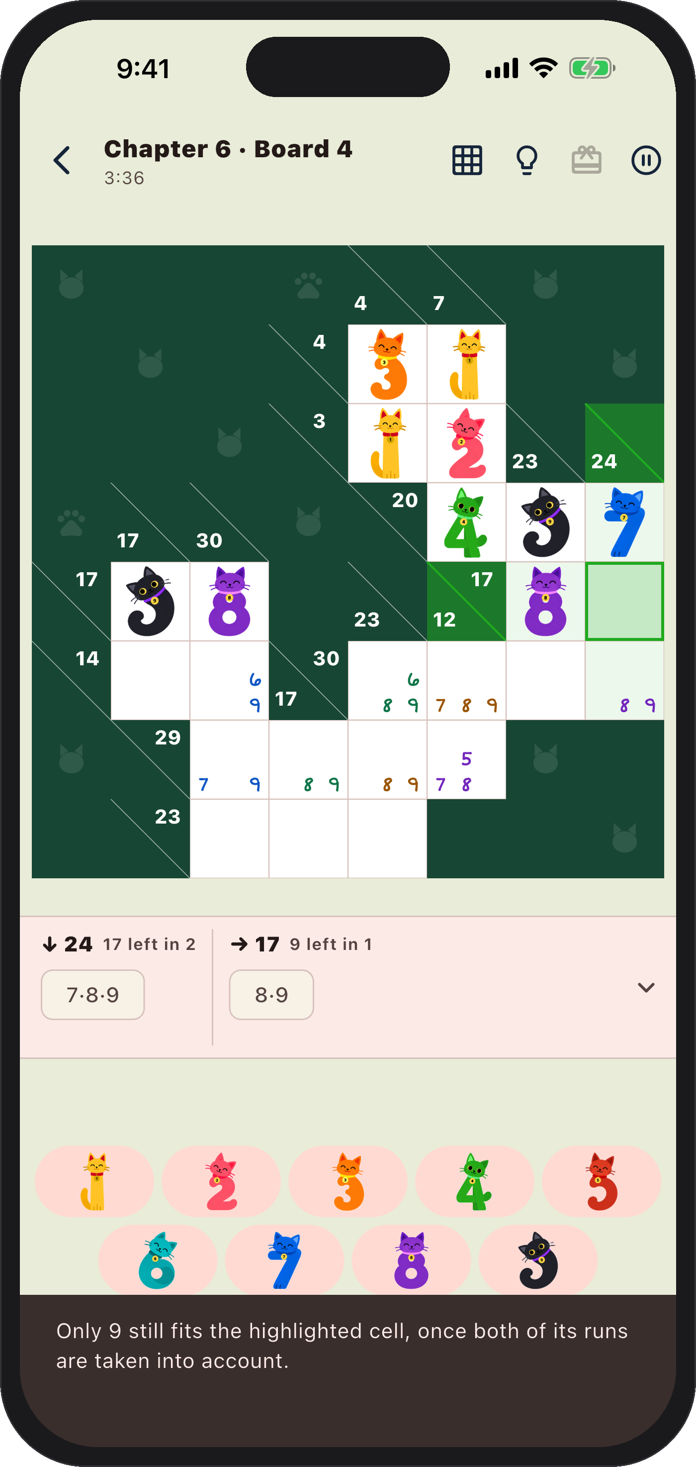 A Catkuro board with a hint explaining which digit the two runs leave standing