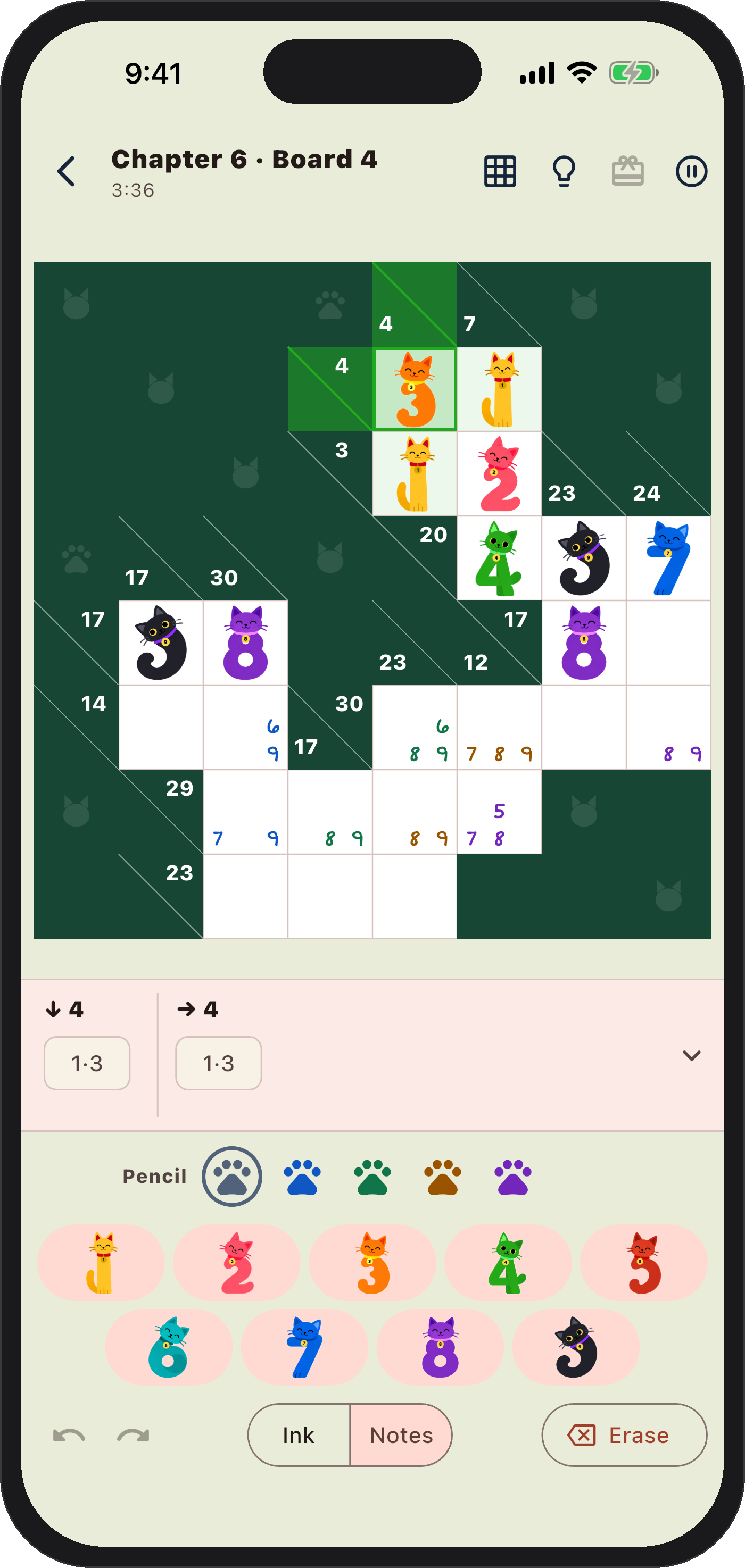 A Catkuro board in notes mode, with pencilmarks in several colors and the pencil picker open